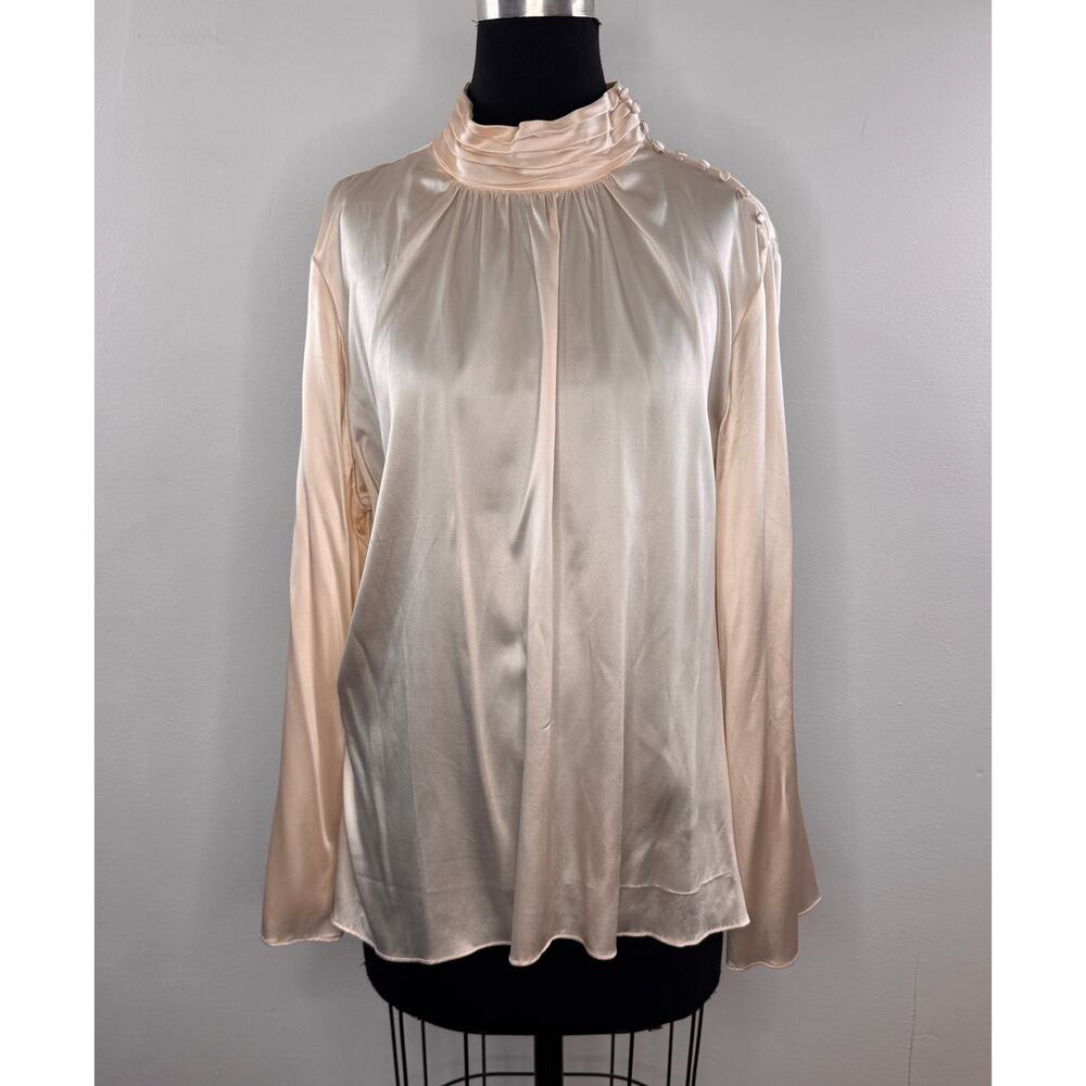 VINTAGE Fashion Instinct Beige Top Silk Stretch Pleated Turtleneck Flutter 1X